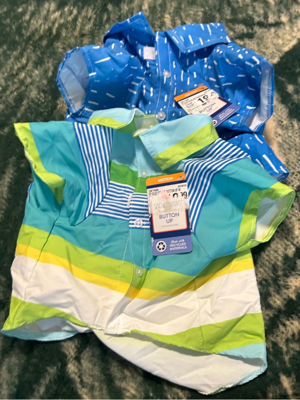 Top-Paw Button Up Pet Striped Button-Up Shirt in Teal, Lime & White